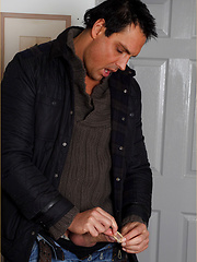 Horny Marcello masturbates his big cock inside a condom