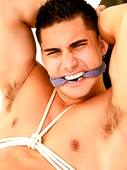 Hot brunette jock Topher DiMaggio bound posing in the gym