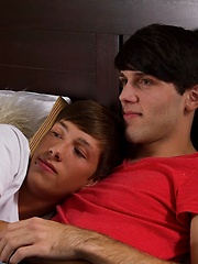 Luke hungrily swallows his first dick then Aiden pops his tight and tender young cherry