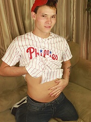 Athletic twink Bladen Sawyer strokes big dick.